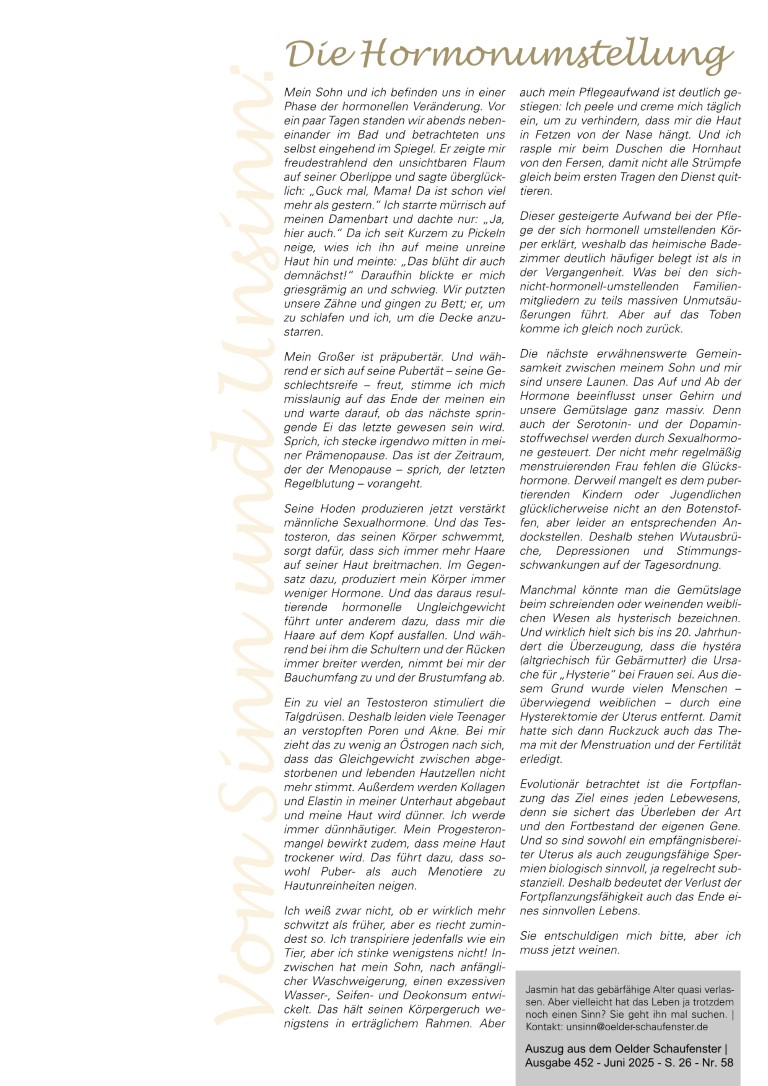 58. Kolumne vom Sinn und Unsinn aus der Feder von Jasmin Qaud-Taher - erschienen im Oelder Schaufenster Nr. 452 (Juni 2025).