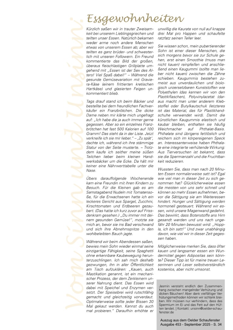 Kolumne vom Sinn und Unsinn, Ausgabe 59, erschienen im August 2025 im Oelder Schaufenster. Thema der Ausgabe: Essgewohnheiten; Autorin: Jasmin Qaud-Taher