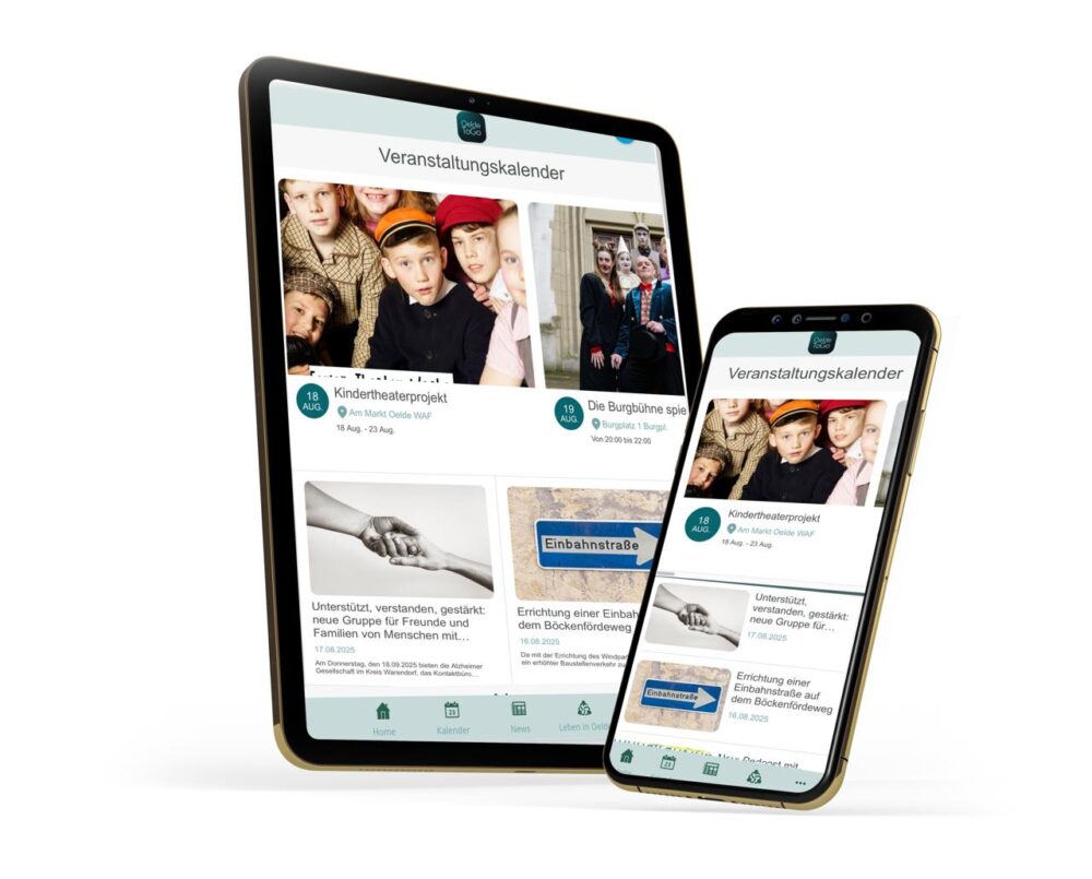 ce4f29b5-2e25-415b-9827-87b64a142fcc Ein Handy und ein Tablett mit Screenshots von der App OeldeTogo: man sieht oben den Veranstaltungskalender und unten einige News