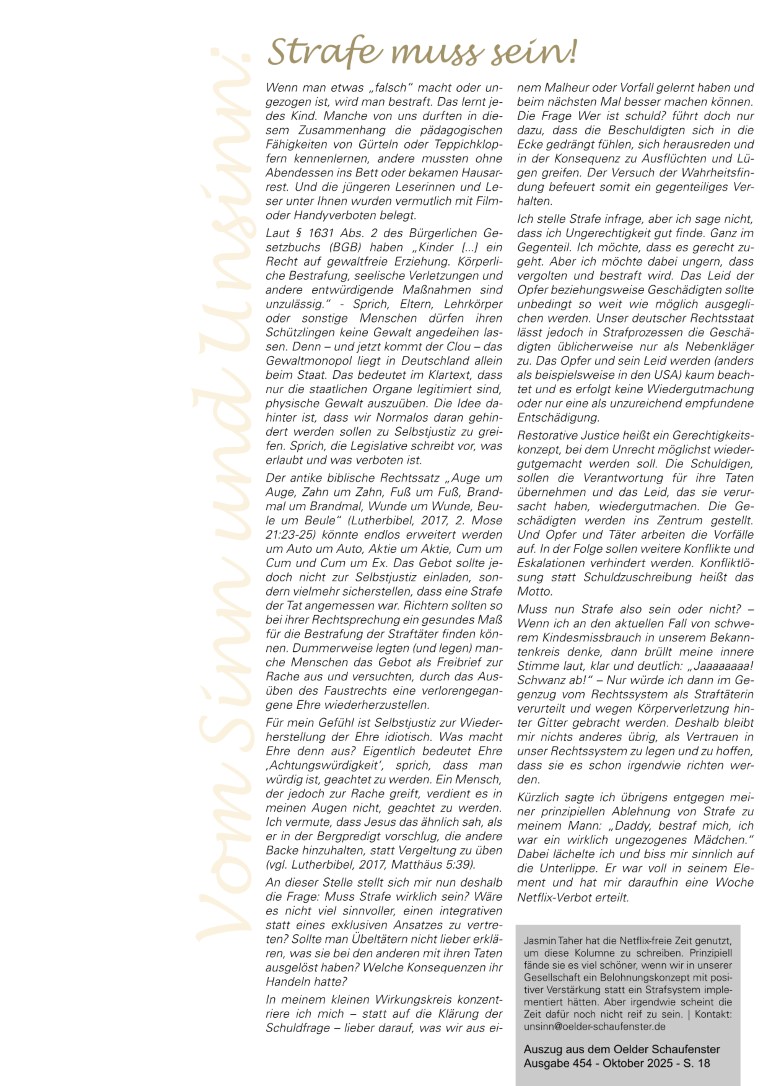 Kolumne "Vom Sinn und Unsinn" Ausgabe Nr. 60 "Strafe muss sein" - Autorin: Jasmin Qaud-Taher