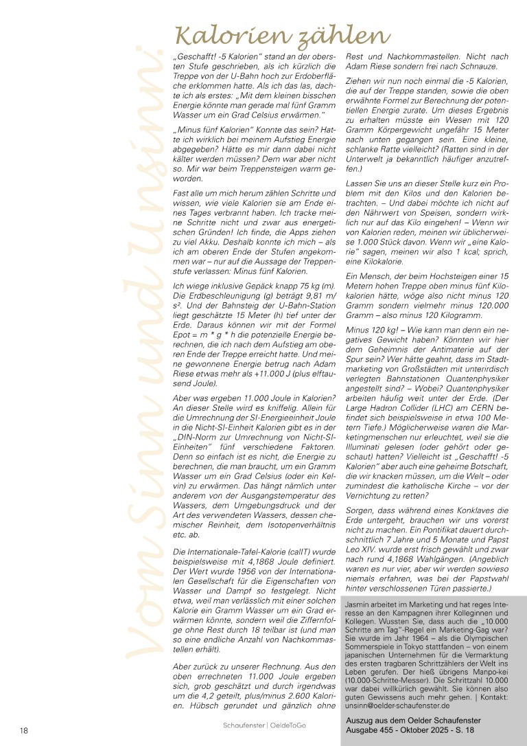 Kolumne "Vom Sinn und Unsinn" Ausgabe Nr. 61 "Kalorien" - Autorin: Jasmin Qaud-Taher