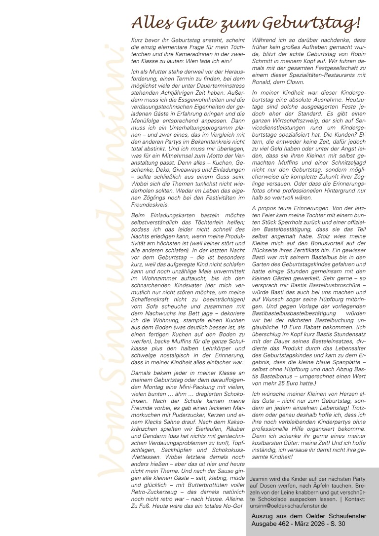 Kolumne "Vom Sinn und Unsinn" Ausgabe Nr. 67 "Kindergeburtstag" - Autorin: Jasmin Qaud-Taher