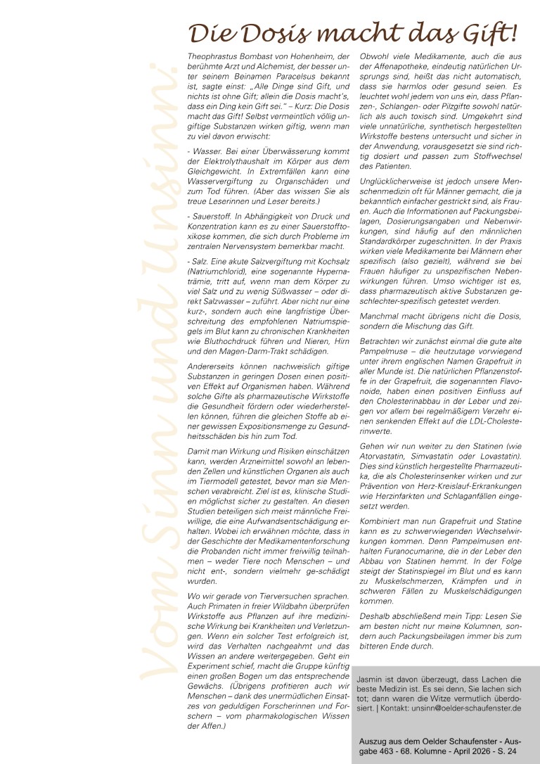 Kolumne "Vom Sinn und Unsinn" Ausgabe Nr. 68 "Die Dosis macht das Gift" - Autorin: Jasmin Qaud-Taher