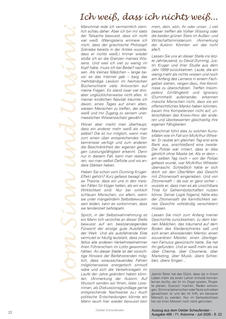 Kolumne "Vom Sinn und Unsinn" Ausgabe Nr. 71 "Ich weiß, dass ich nichts weiß" - Autorin: Jasmin Qaud-Taher