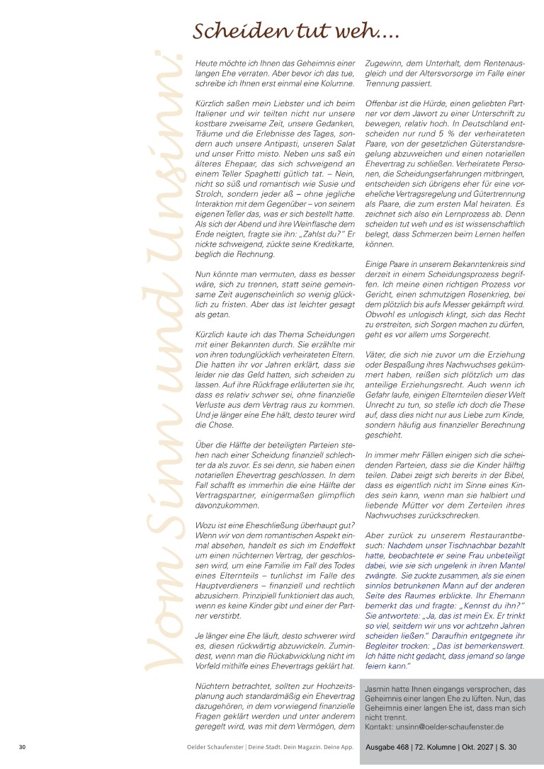 Kolumne "Vom Sinn und Unsinn" Ausgabe Nr. 72 "Scheiden tut weh!" - Autorin: Jasmin Qaud-Taher