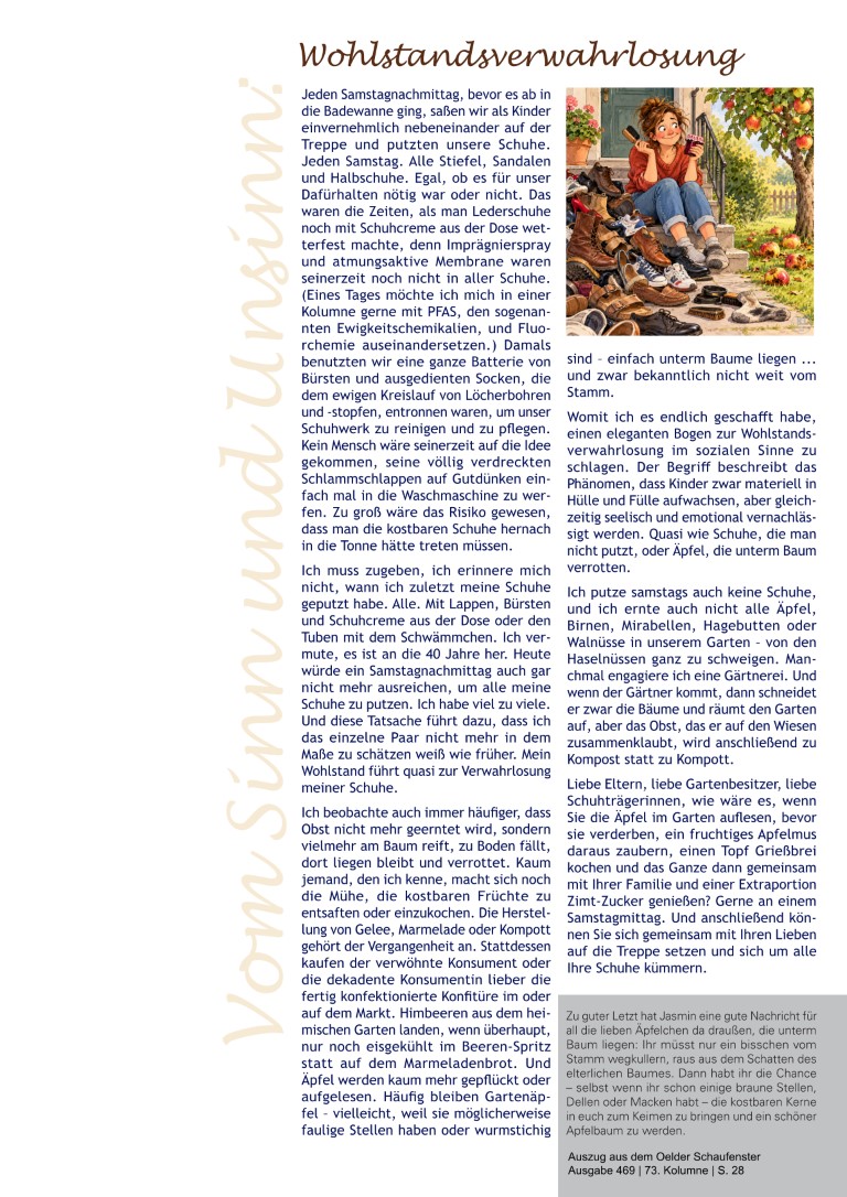Kolumne "Vom Sinn und Unsinn" Ausgabe Nr. 73 "Wohlstandsverwahrlosung" - Autorin: Jasmin Qaud-Taher